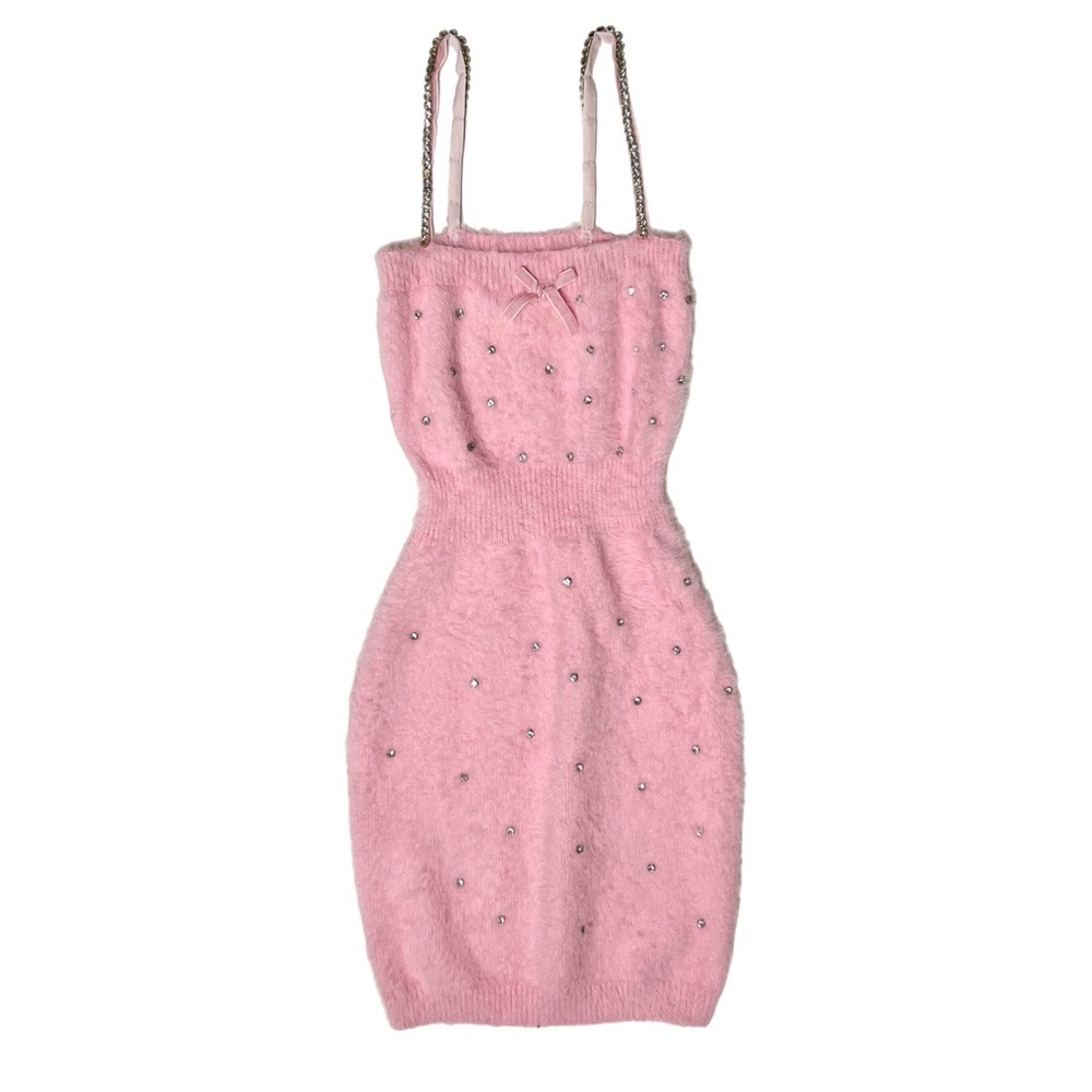Adi Pink Fuzzy Knit + Rhinestone Mini Dress (S/M)